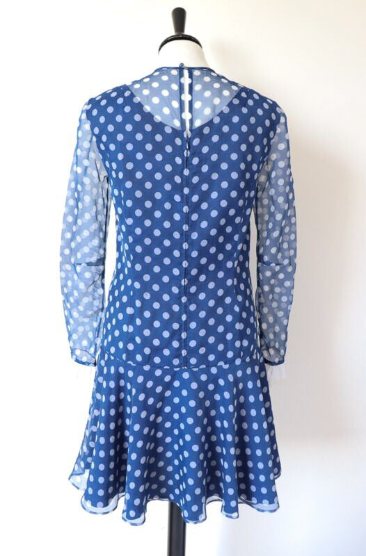 1960s Vintage Mini Dress - Polyester Chiffon Long Sleeves - Spotted - XS / UK 8
