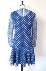 1960s Vintage Mini Dress - Polyester Chiffon Long Sleeves - Spotted - XS / UK 8