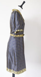 Vintage  Handmade Silk Dress - Tea Dress /Shirt Waister - 1970s  - Blue  - M / UK 12