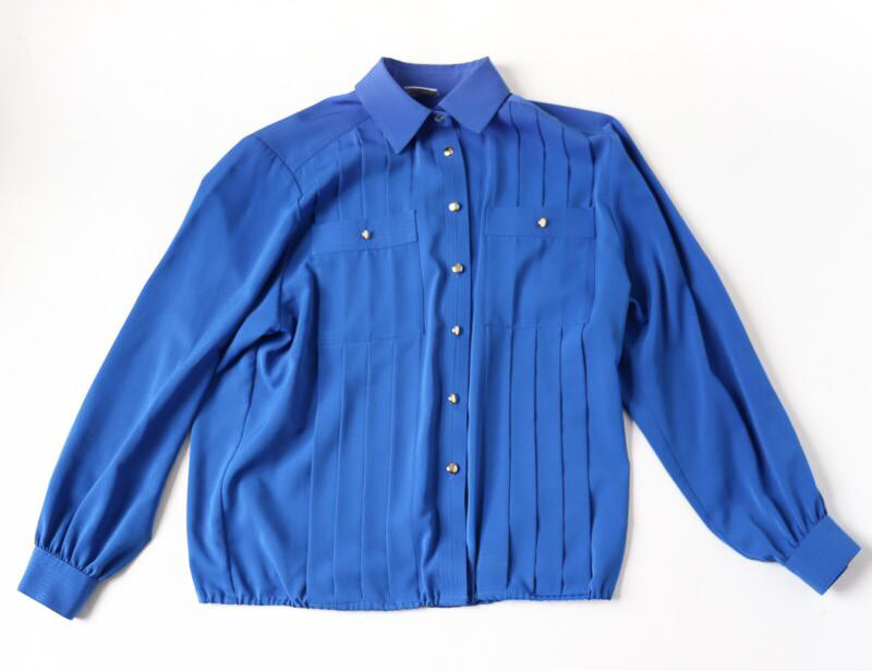 Vintage 1980s Long Sleeve Shirt Blouse - Royal Blue - Elasticated  - L / UK 14