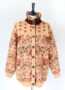 Vintage Cardigan Jacket - Wool Blend - Art Nouveau Floral Peach Orange - M / 12