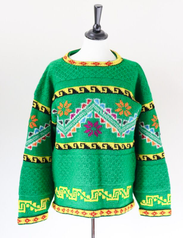 Peruvian Hand Made Patterned Jumper Green / Yellow Wool  - M / UK 12