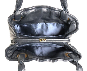 Vintage Top Handle Bag -  1960s Black Blue Faux Leather - Small