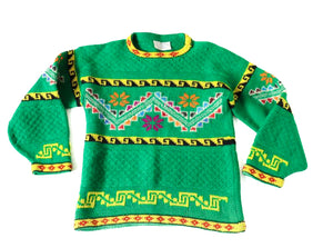 Peruvian Hand Made Patterned Jumper Green / Yellow Wool  - M / UK 12