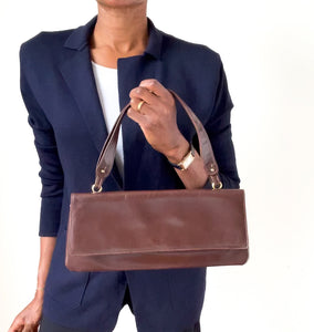 Vintage 1960s Long Shoulder Bag Handbag - Brown Leather - Medium
