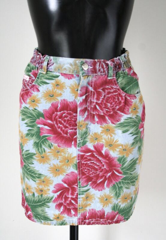 Printed Denim Vintage Mini Skirt - 1980s - Multi - Red Scott - XXS / UK 6