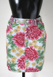 Printed Denim Vintage Mini Skirt - 1980s - Multi - Red Scott - XXS / UK 6