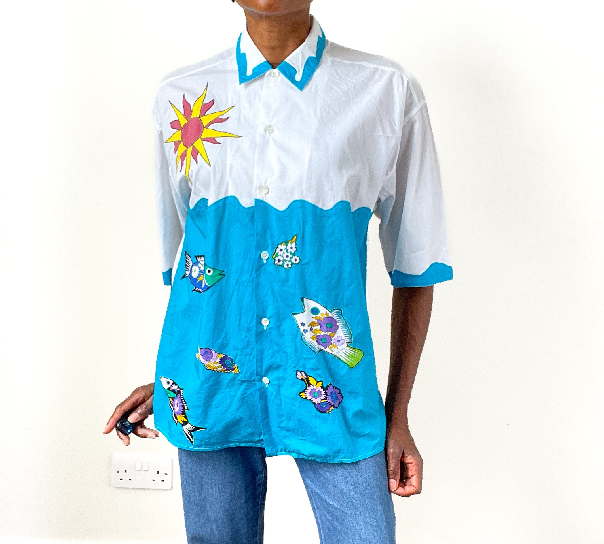 Cotton Oversized Shirt - Blue / White Appliqué  - Short Sleeves  - Fit L / UK 14