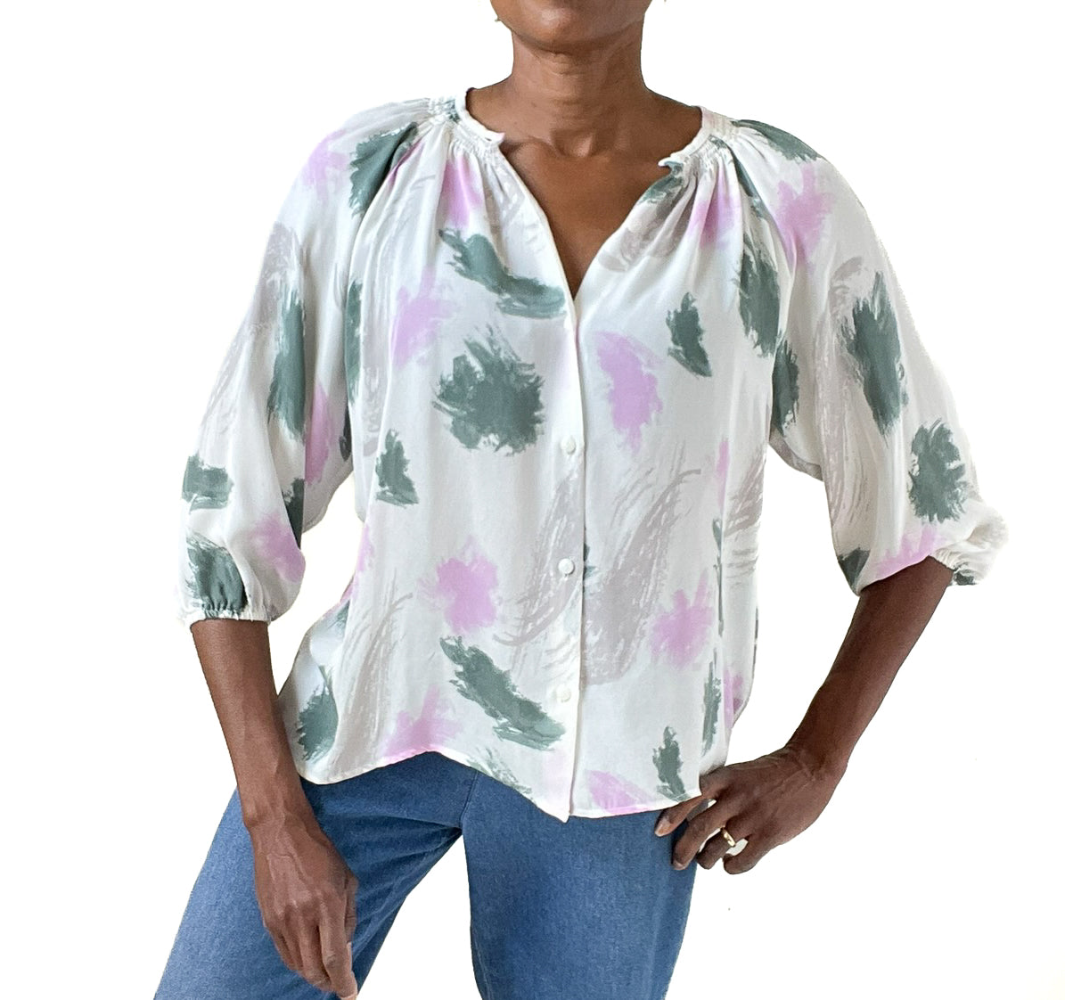 Tucker Silk Blouse - Cream / Pink / Green  - Label S-  Fit L / UK 14