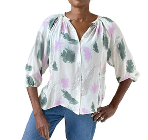Tucker Silk Blouse - Cream / Pink / Green  - Label S-  Fit L / UK 14