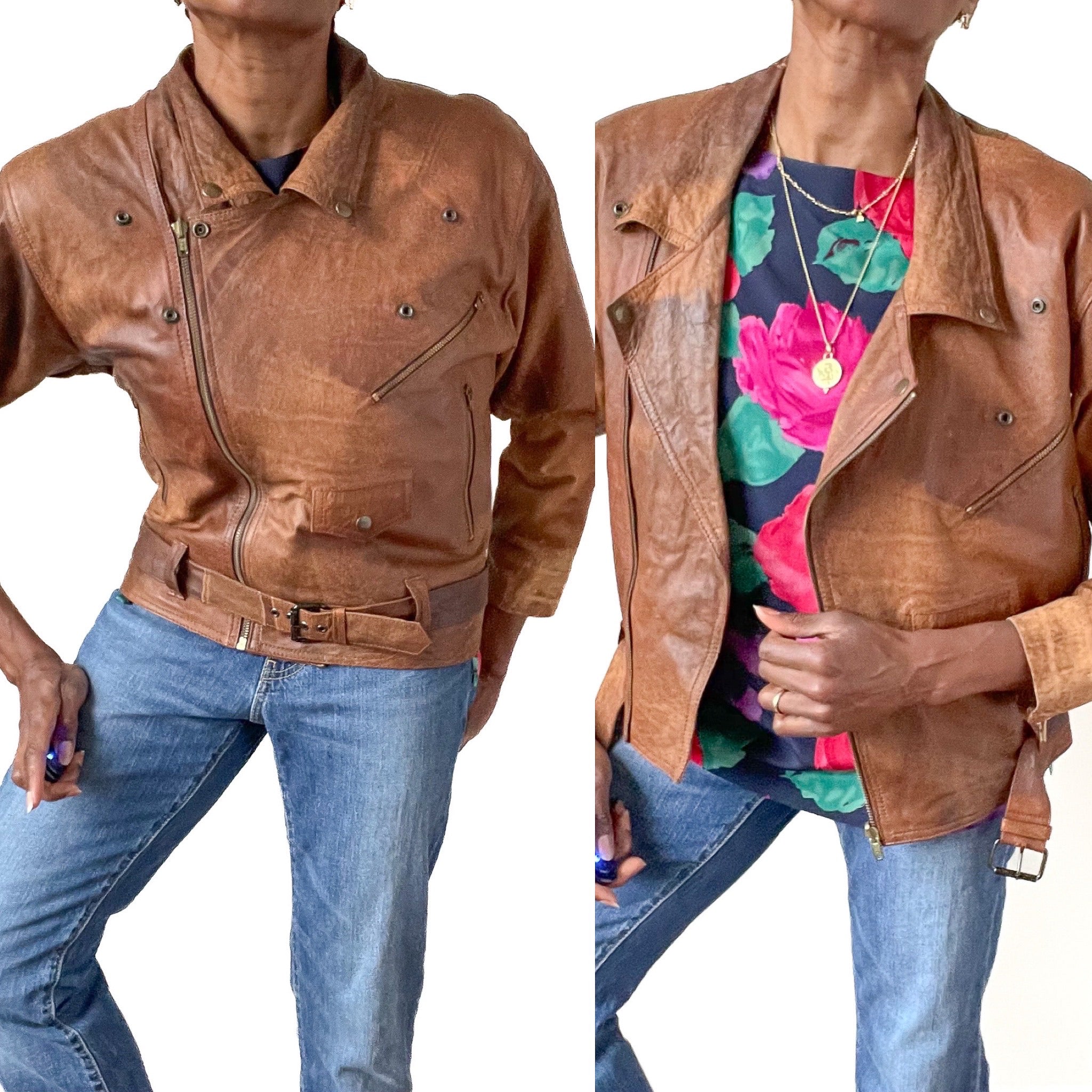 Women's Brown Leather Biker Jacket - Vintage 1980s -  Brown - S / UK 10