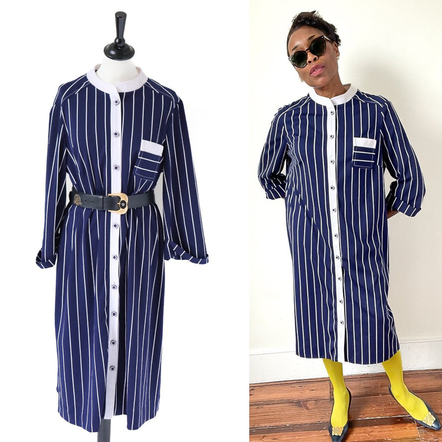 Berketerx Vintage Shirt  Dress - Blue / White Striped - Fit L / UK 14