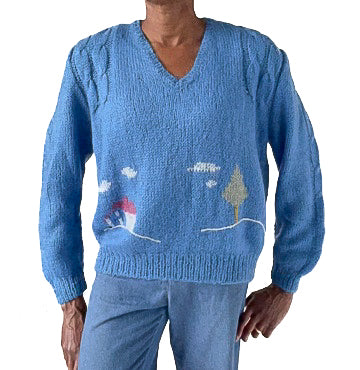 Blue Vintage V-Neck Landscape Jumper - Wool Blend - M / UK 12