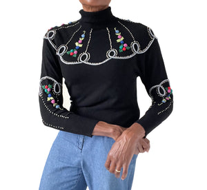 Vintage Wool Black Jumper - 1940s Style Embroidered - S / UK 10