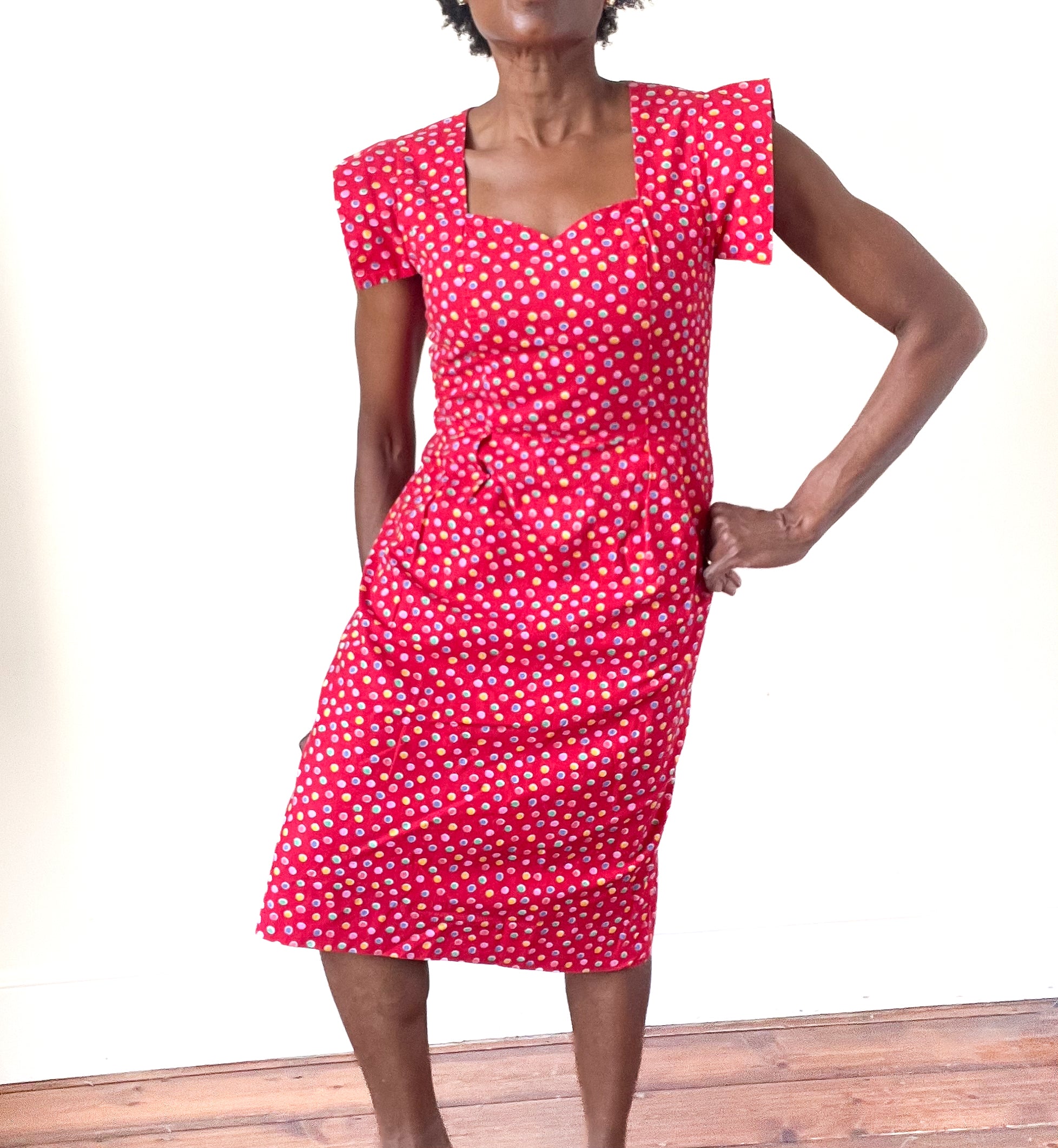 Vintage Red Cotton Spotted Summer Dress - 1940s Fitted Style - Small / UK 10