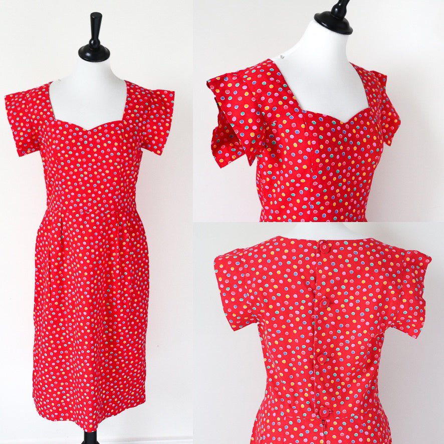 Vintage Red Cotton Spotted Summer Dress - 1940s Fitted Style - Small / UK 10