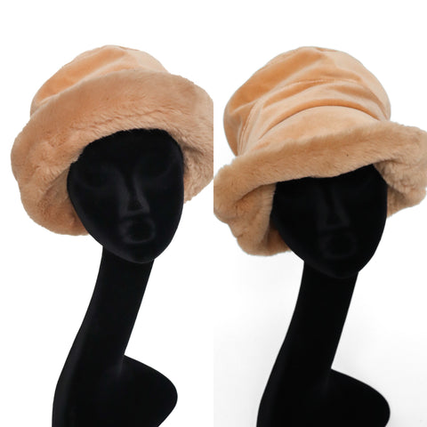 Vintage Ladies Faux Fur Winter Brim Hat  - Beige - Large