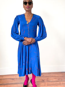 Jean Muir Vintage Dress - Rare - Blue 1980s Patterned - Fit S / UK 10