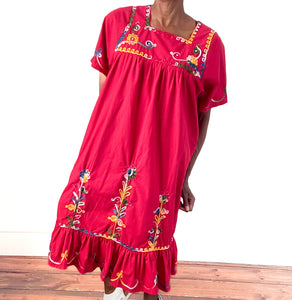 Vintage Mexican Oaxaca Kaftan dress - Red Embroidered  Fit L / 14