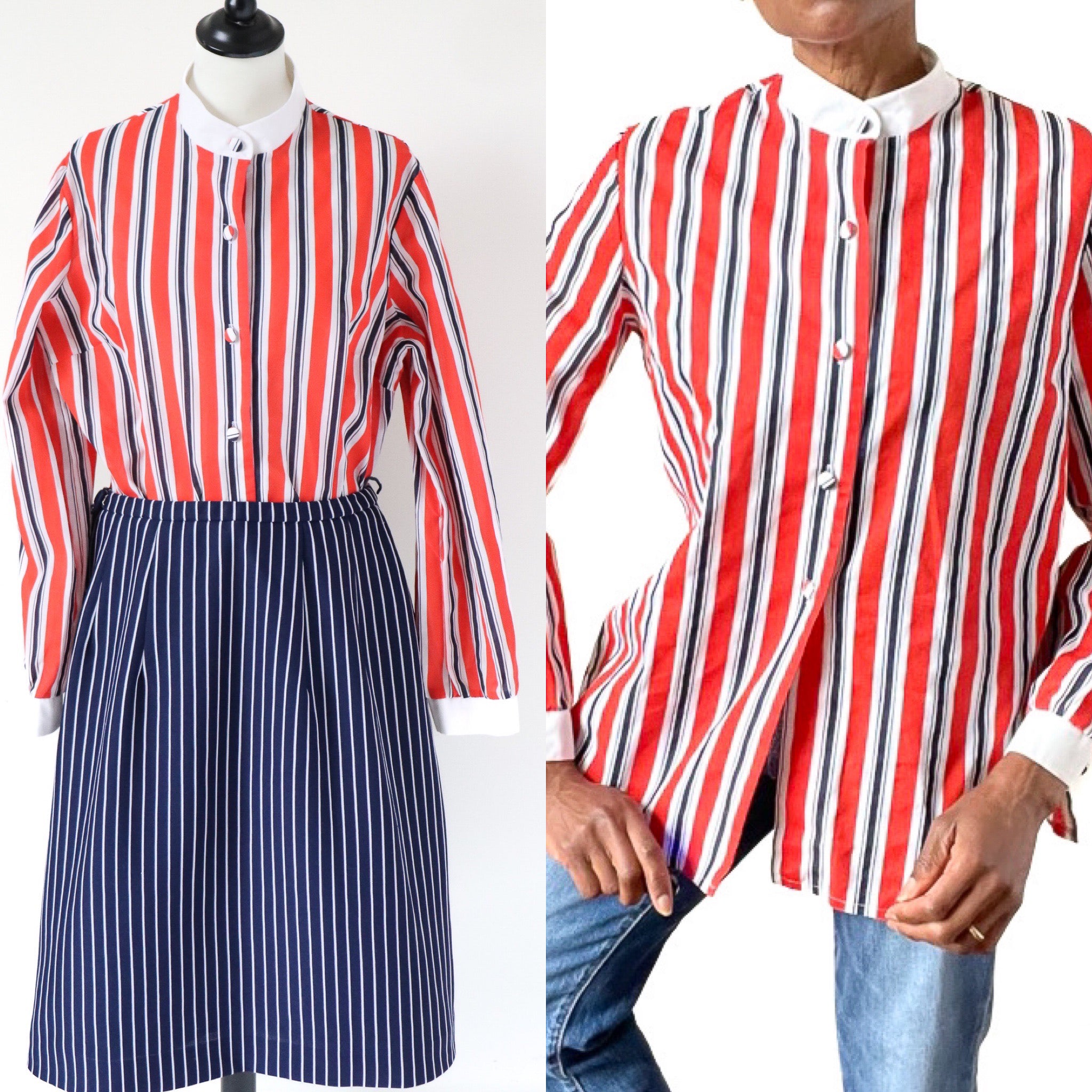 Debenhams Striped Shirt - Vintage 1980s - Red / White/ Blue  - Fit L / UK 14