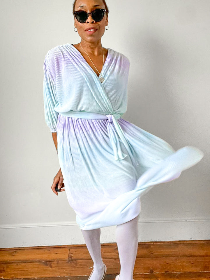 Pleated Pastel Wrap Dress Vintage 1980s Brigitte Fit M L UK Marshmallow Mountain
