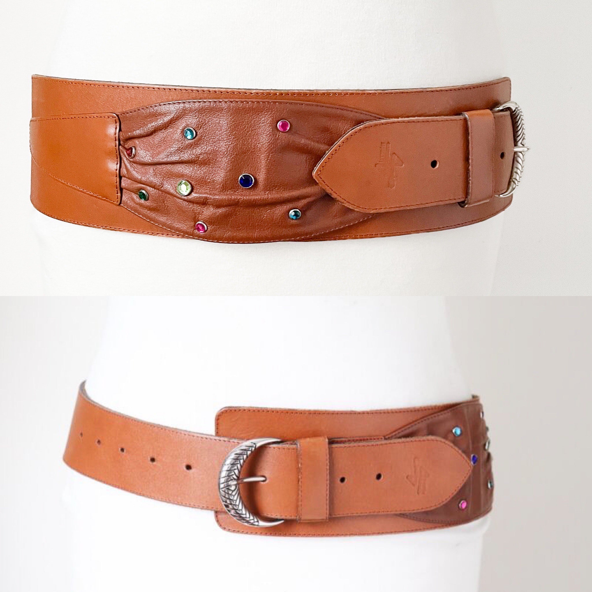 Wide Tan Brown Leather Vintage Belt - 1980s - Alexander - Small / Medium