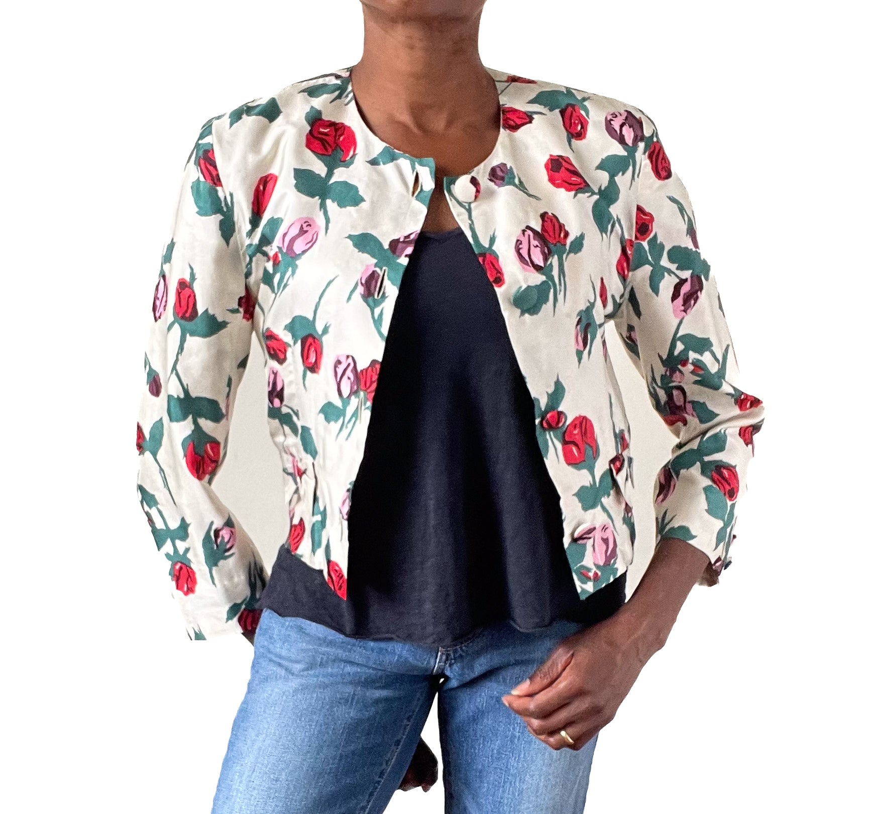 Susan Crofts Silk Jacket - Schiaparelli Style Roses Print -Vintage - S / UK 10