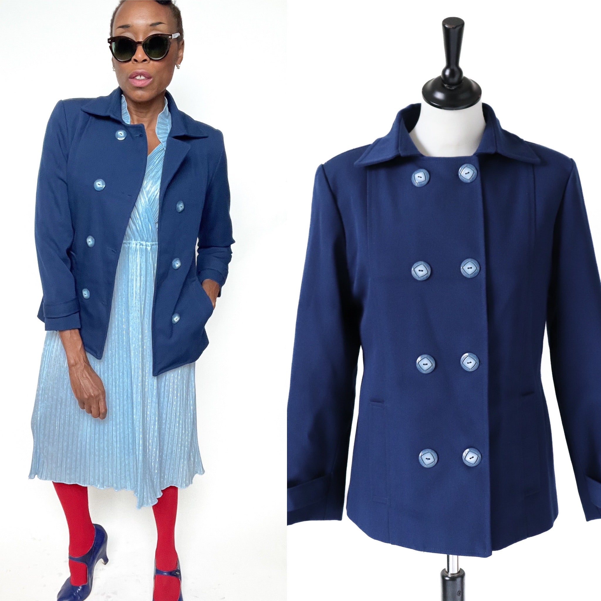 1960s Vintage Pea Coat / Jacket - Blue - S /  UK 10