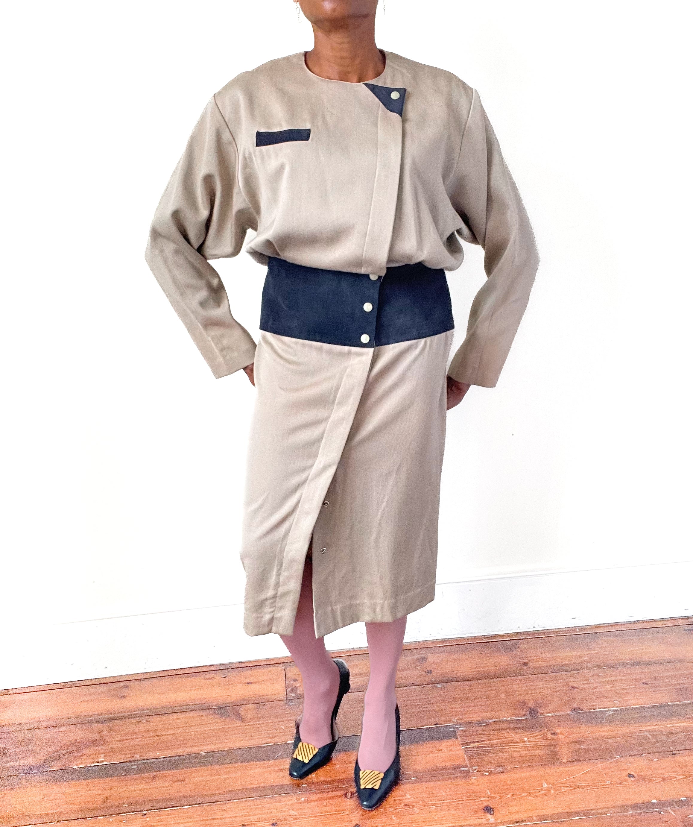 Claude Rap Wool Vintage Dress - Beige / Blue - 1980s / 1920s - Fit M / UK 12