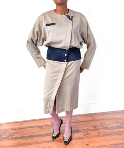 Claude Rap Wool Vintage Dress - Beige / Blue - 1980s / 1920s - Fit M / UK 12