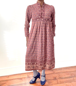 Ritu Kumar Vintage Block Print Cotton Dress - Empire Line - Brown -  S /  10