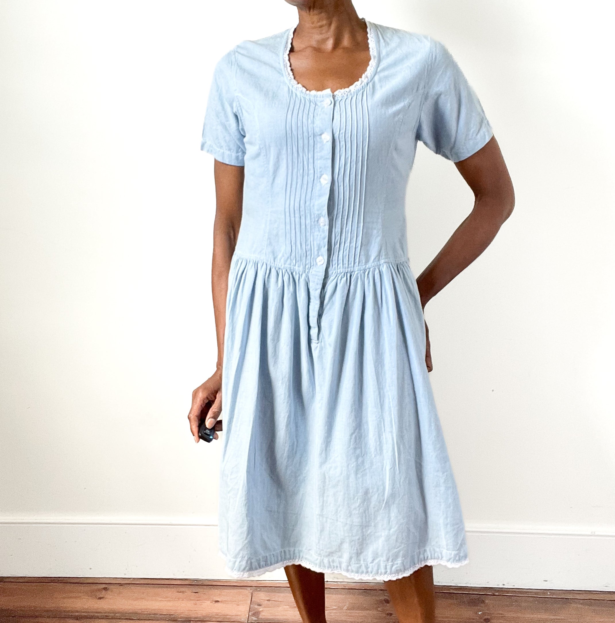Vintage Chambray Blue Cotton Dress - Summer - Essentials -  Fit M / UK 12