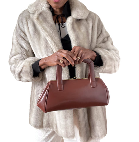 Vintage 1950s Top Handle Bag - Brown Leather - Medium - Long