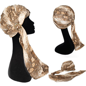 Panda Snakeskin Print 2-Way Turban Hat - Vintage 1960s - Acetate - Beige - L