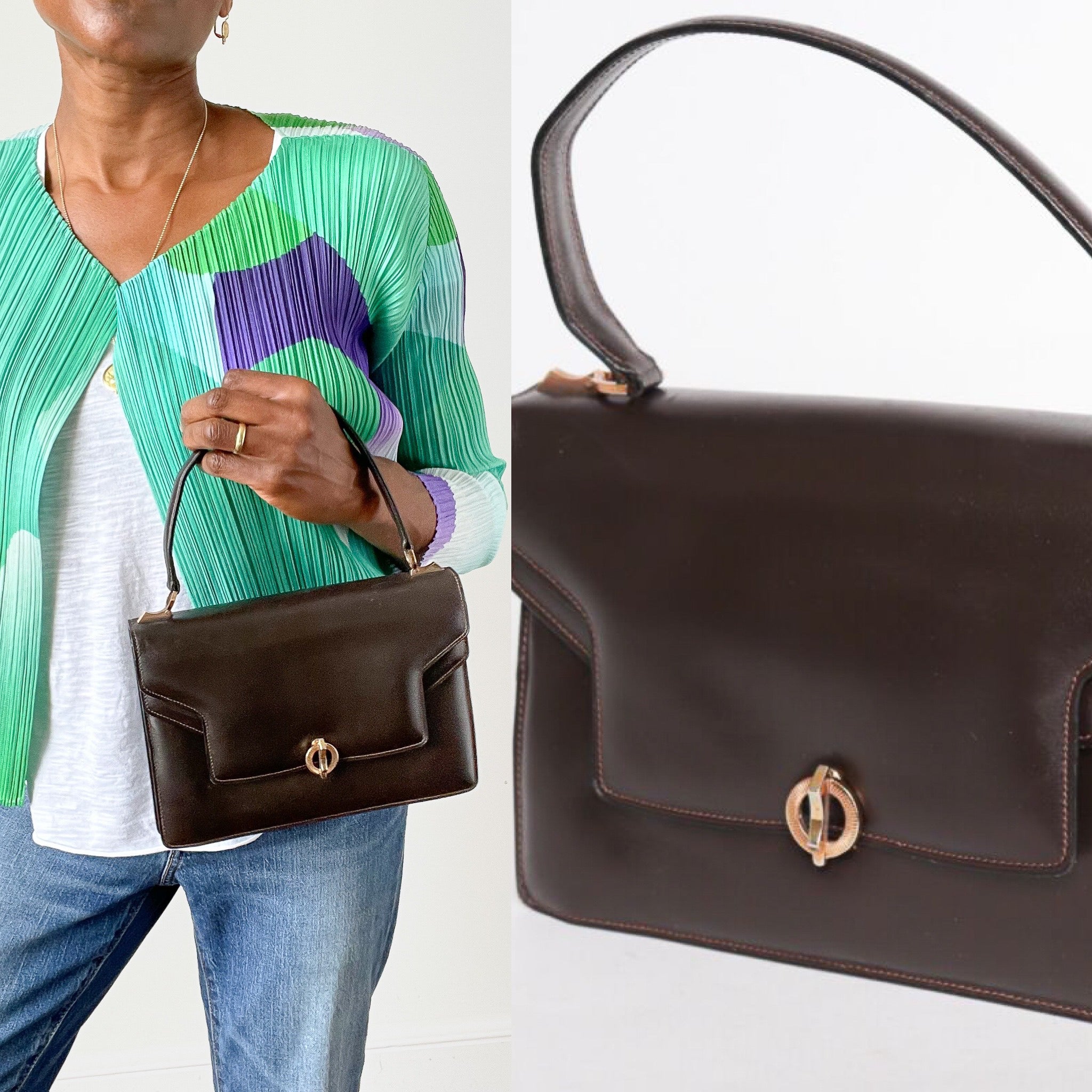 Vintage 1960s Bag Handbag - Brown Leather - Small