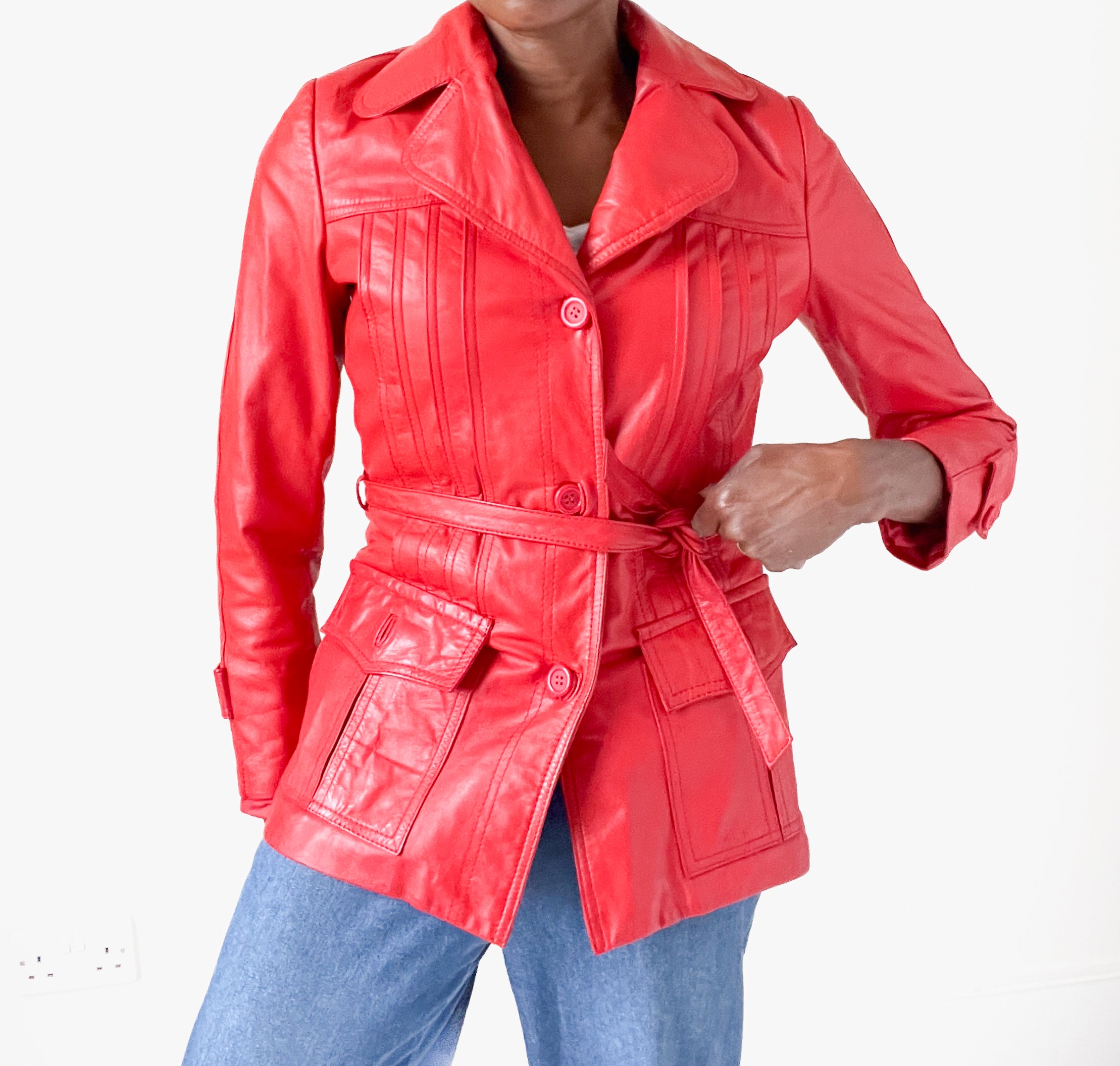 Red Leather 1970s Belted Jacket - Vintage - Fit S / UK 10