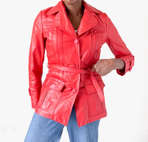Red Leather 1970s Belted Jacket - Vintage - Fit S / UK 10