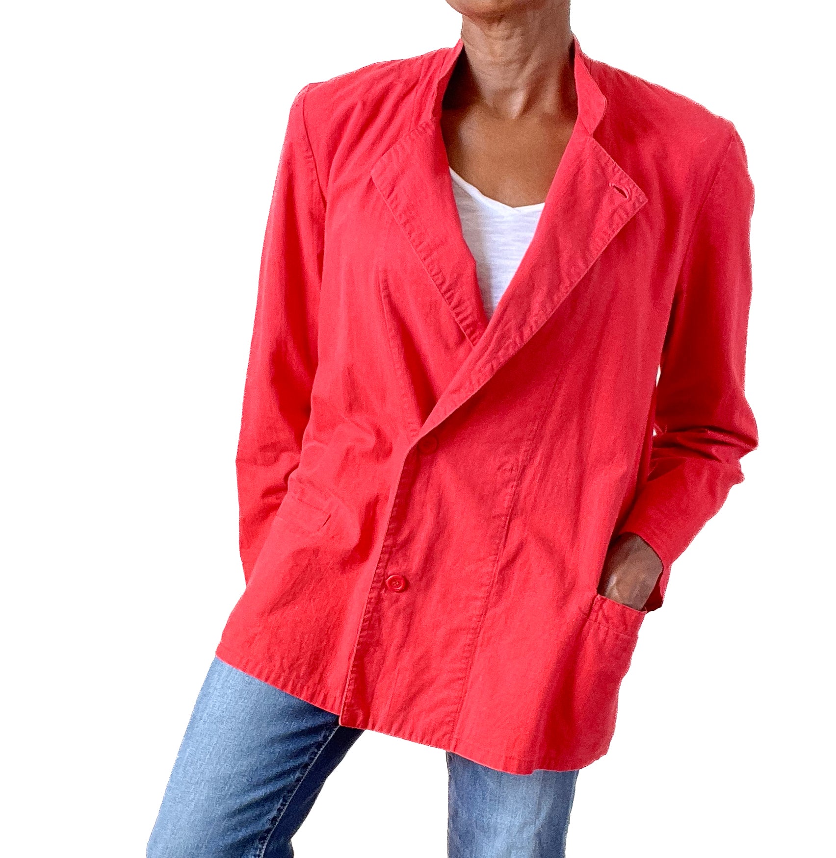 Red Cotton Summer Blazer Jacket Wool  - Vintage 1980s - M / L - UK 12 / 14