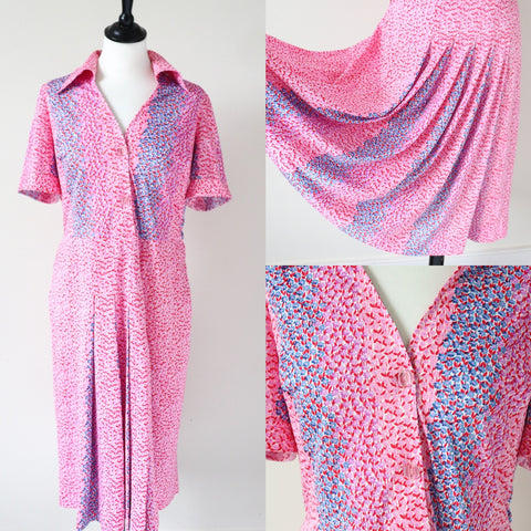 Pink Patterned Polyester Shirt Waister Dress - Vintage 1980s - M / UK 12