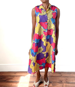 Vintage A-Line Cotton Sleeveless  Dress - 1980s Summer Pattern - Fit L / UK 14