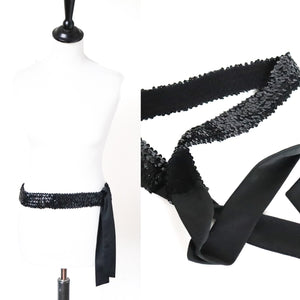 Vintage Stretchy Sequin Belt - Black Fabric - M / L