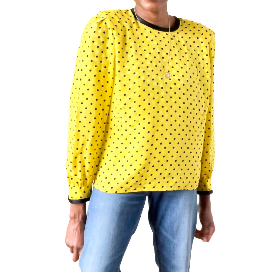 Yellow Spotted Vintage Silk Blouse - Long Sleeves - 1990s - UK 12 / 14