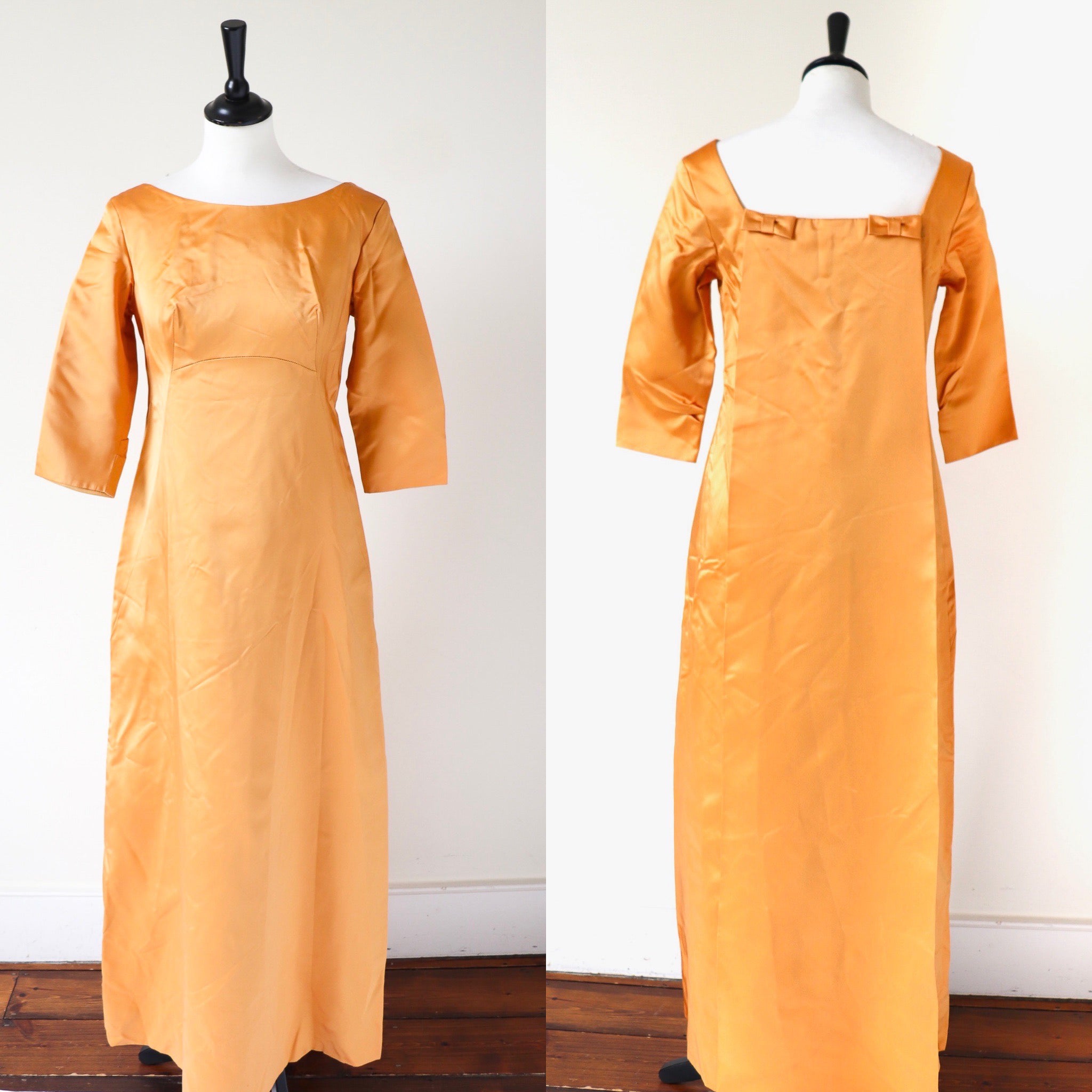 Vintage 1960s Evening Dress - Gold Satin Ball Gown - Fit  S / UK 10
