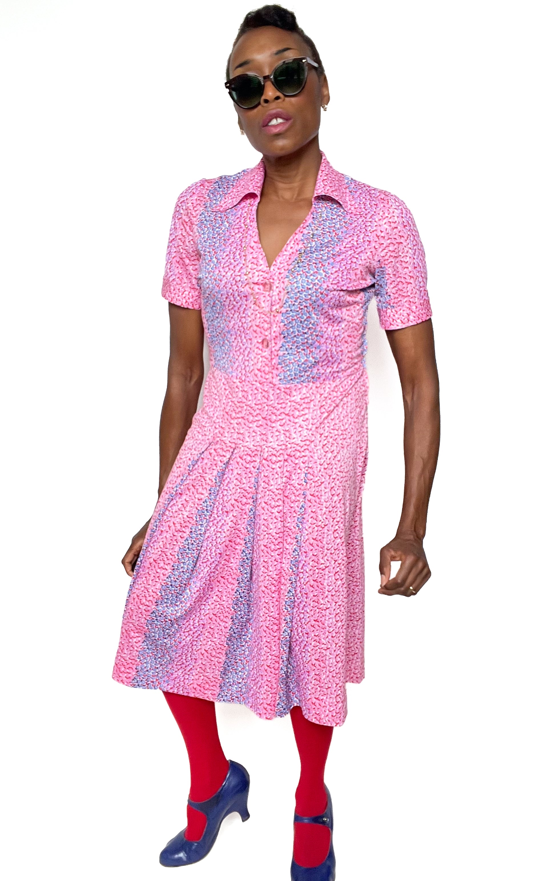Pink Patterned Polyester Shirt Waister Dress Vintage 1980s M