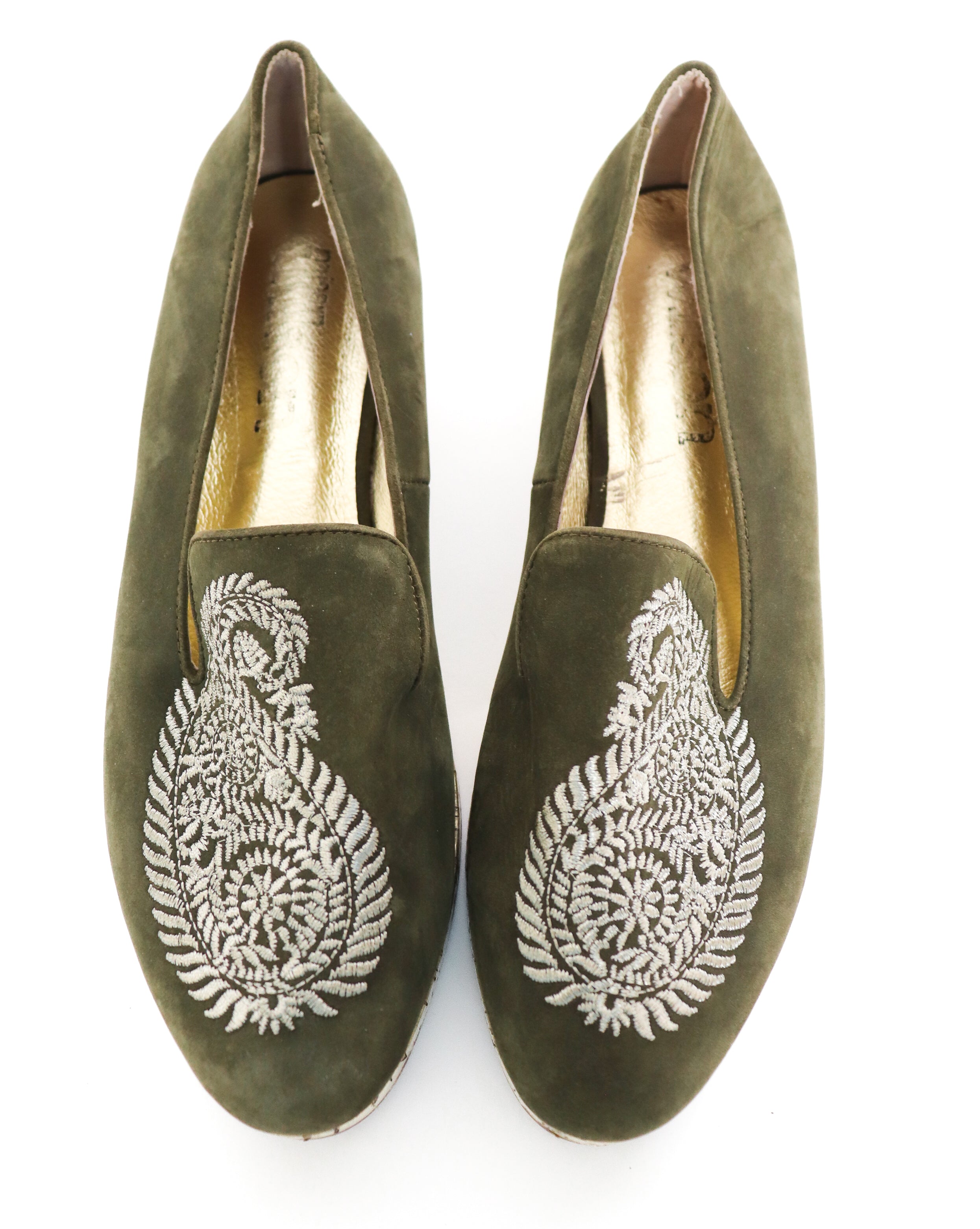 Green Suede Flatform Loafers - Paisley Embroidery - Miss Willson - 40 / UK 7