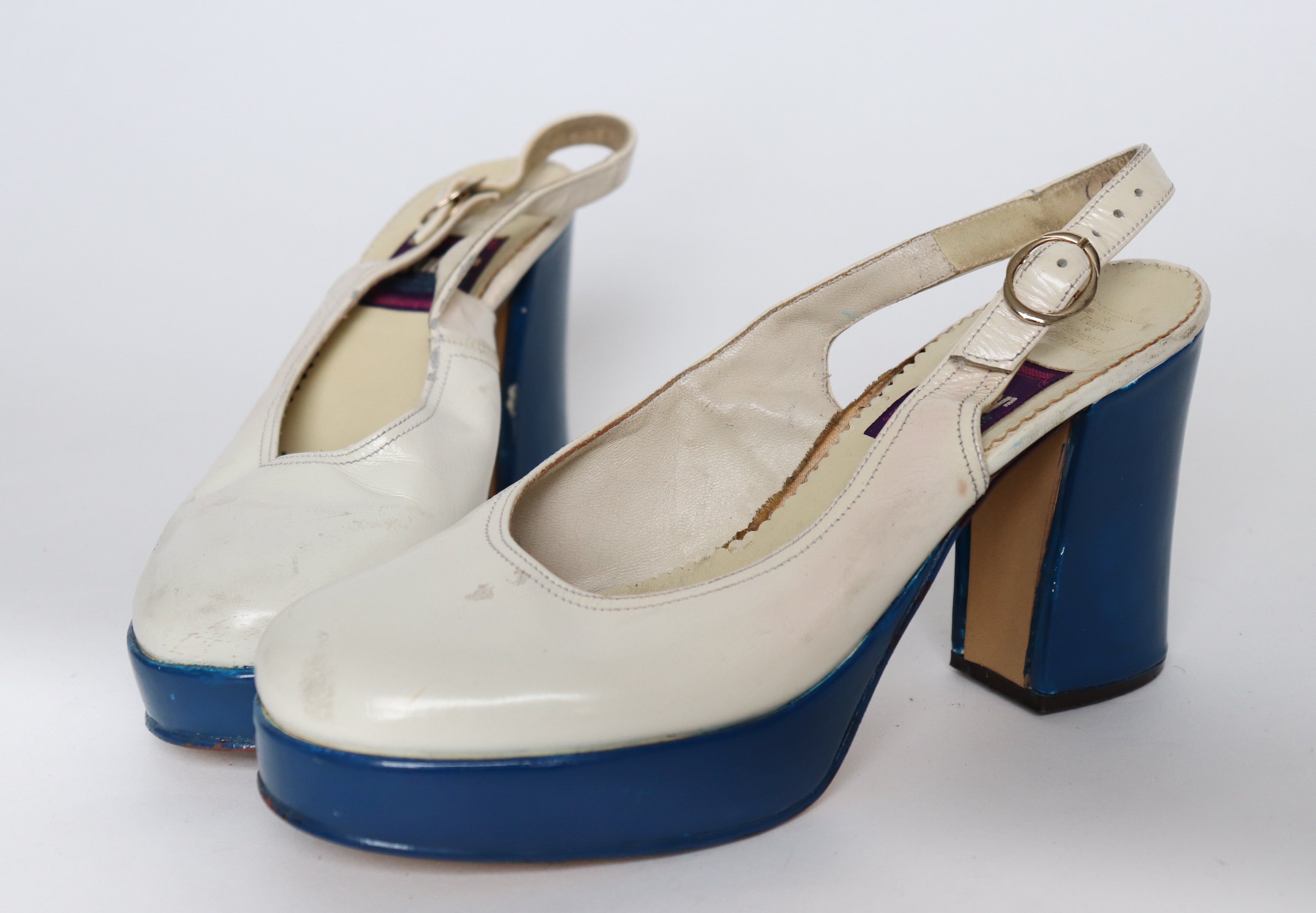 1970s Vintage Platform Shoes - White / Blue - Gabor - Fit  38 / UK 5