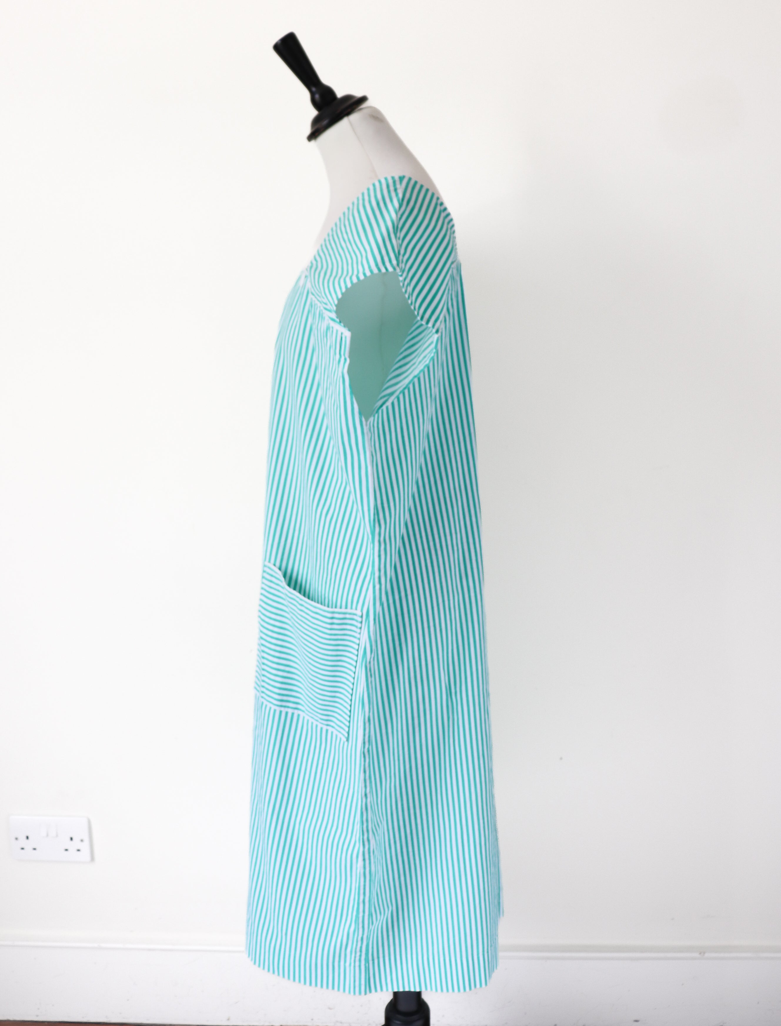 Vintage Loose Cotton  Dress - Green Striped - Fit XL / UK 16