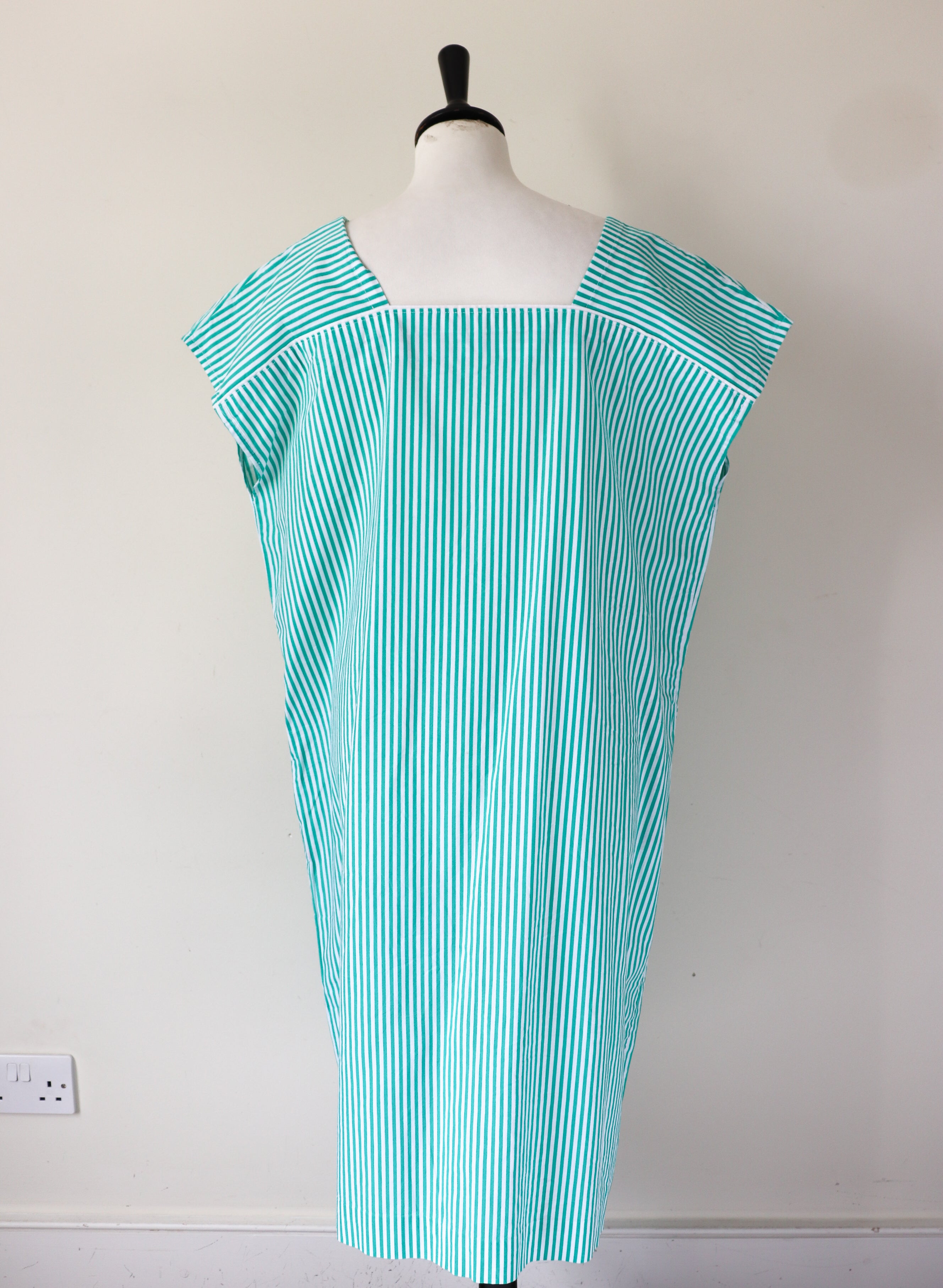 Vintage Loose Cotton  Dress - Green Striped - Fit XL / UK 16