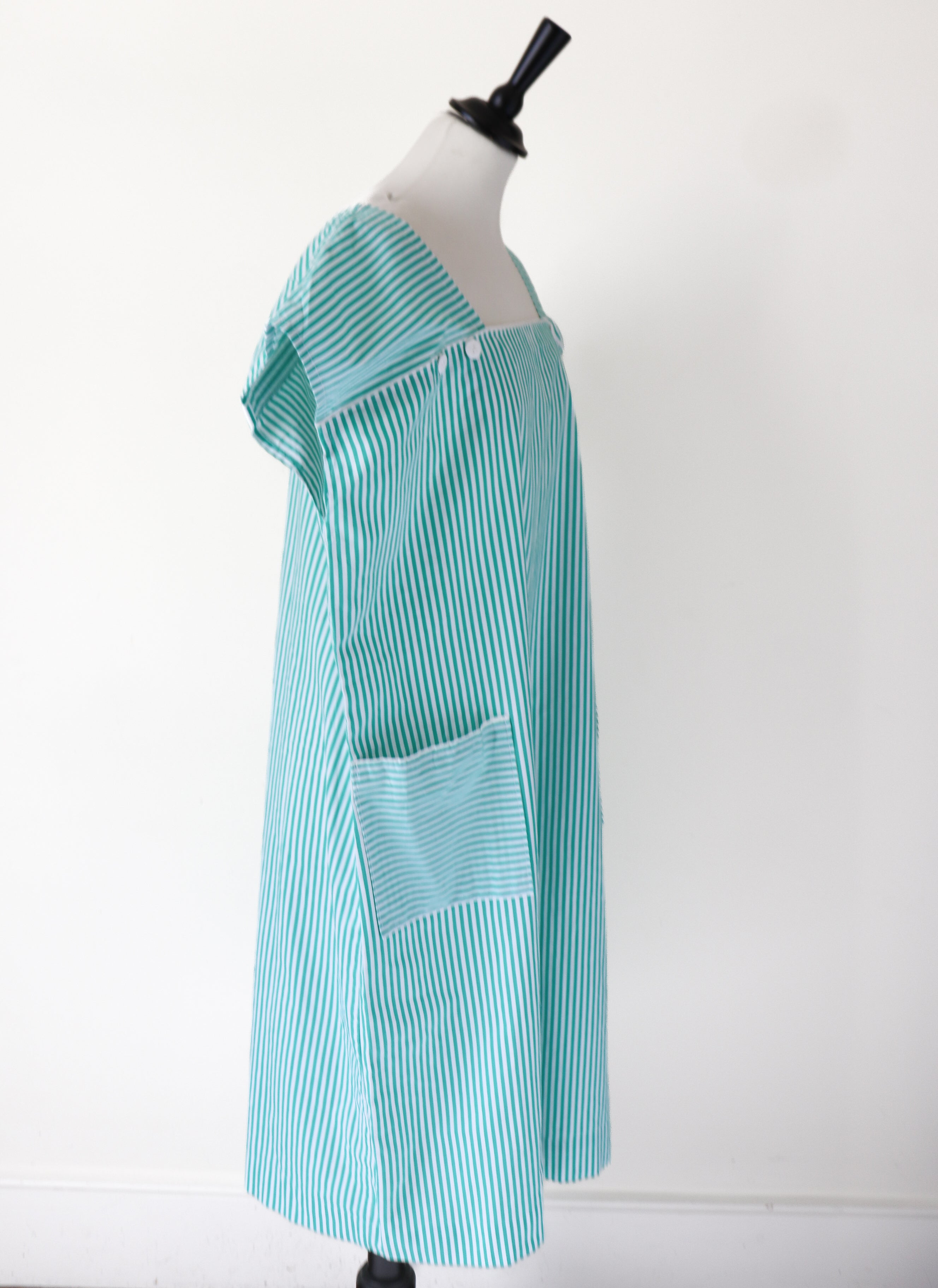 Vintage Loose Cotton  Dress - Green Striped - Fit XL / UK 16