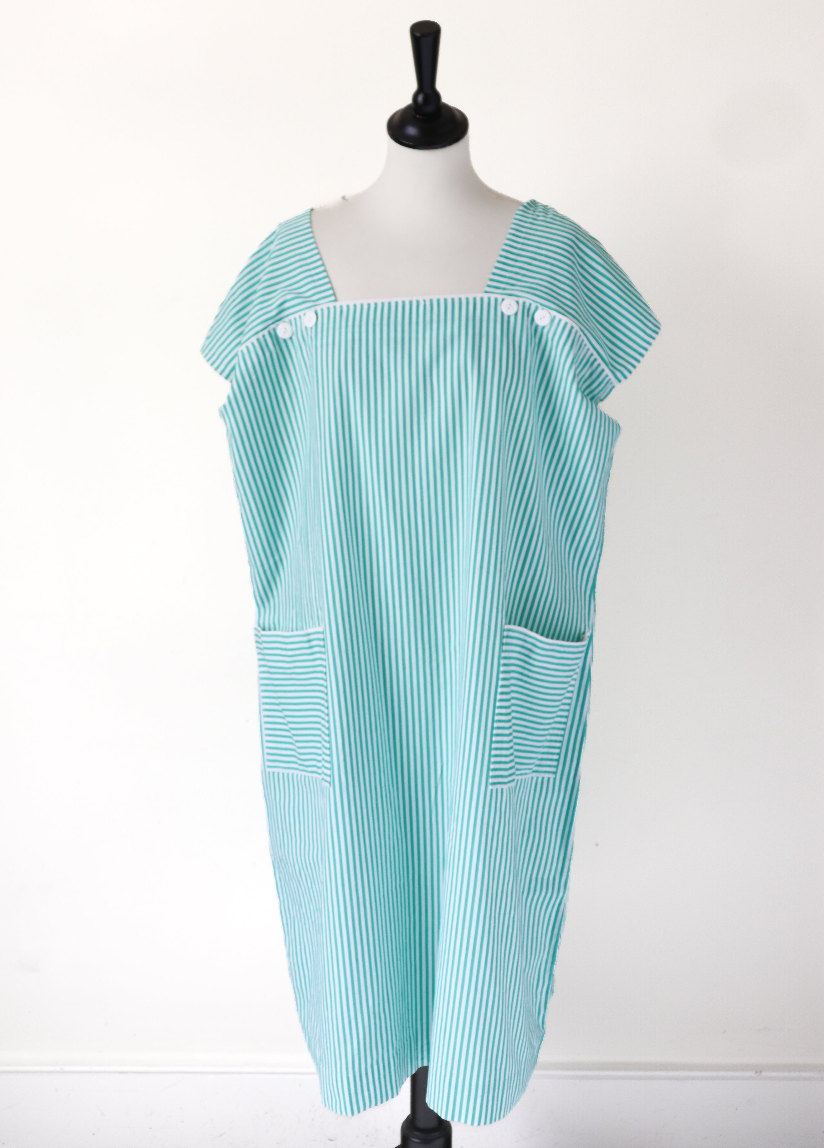 Vintage Loose Cotton  Dress - Green Striped - Fit XL / UK 16